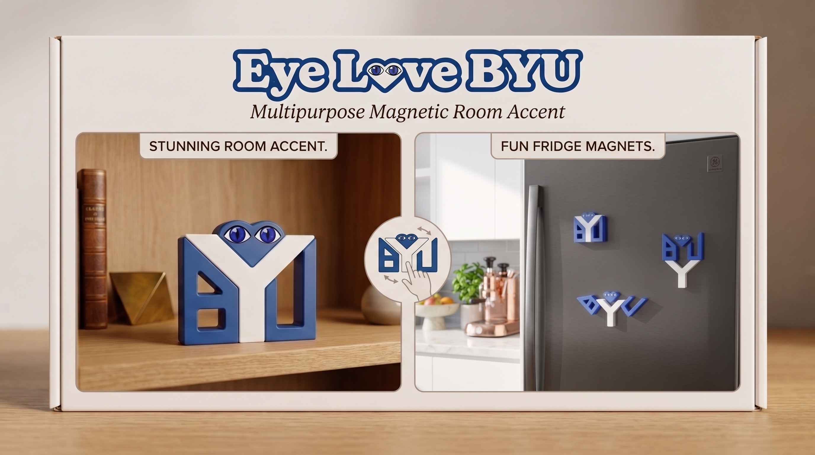 Eye Love BYU retail box highlighting its use as a room accent and as fridge magnets